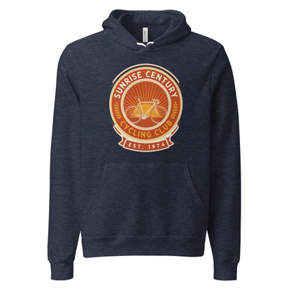 Sunrise Century C.C. retro cycling club badge hoodie — Heather Navy, front