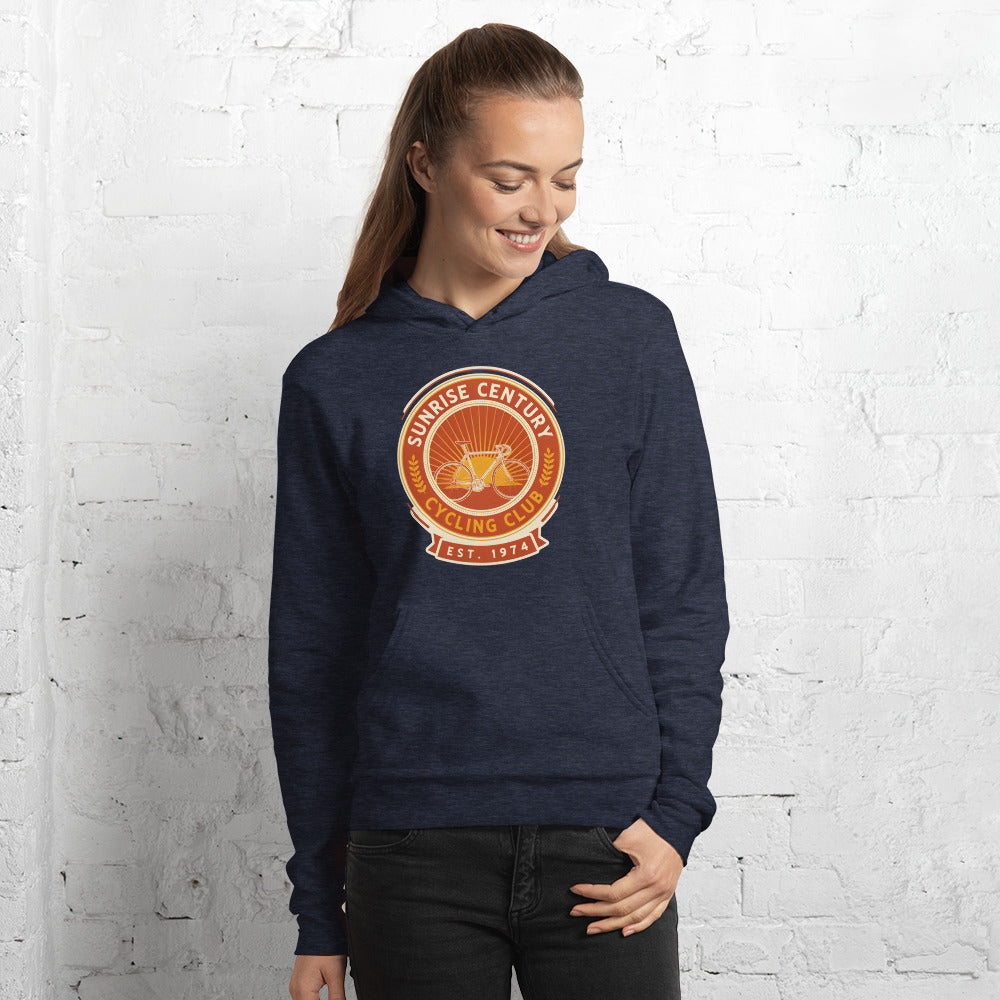 Sunrise Century C.C. retro cycling club badge hoodie — Heather Navy, on model