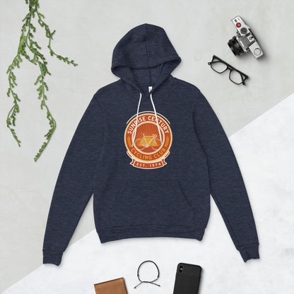 Sunrise Century C.C. retro cycling club badge hoodie — Heather Navy, front-right