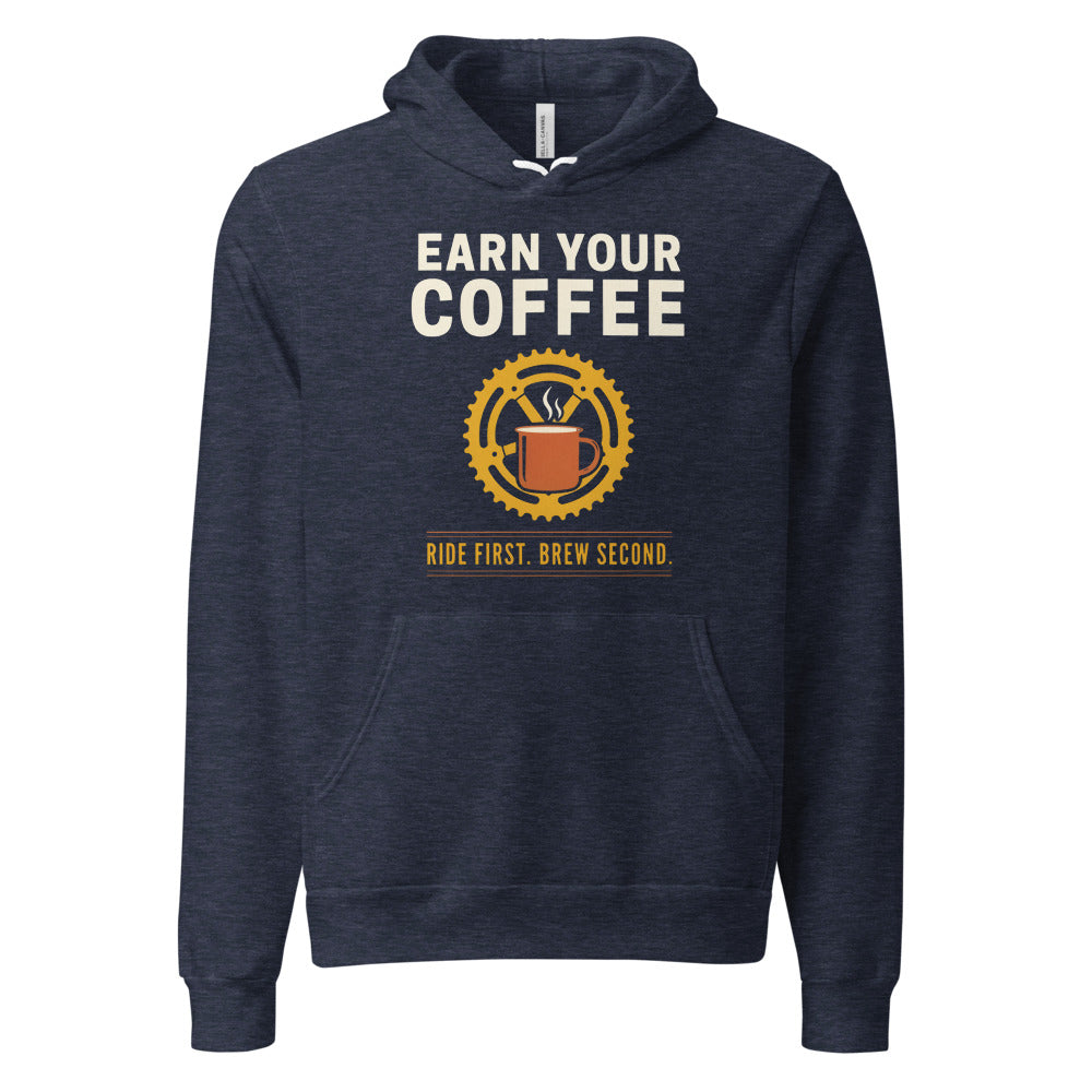 Earn Your Coffee retro cycling coffee hoodie — Heather Navy, front
