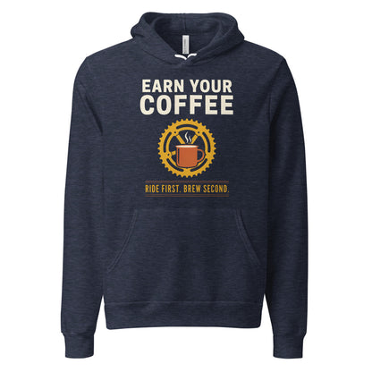 Earn Your Coffee retro cycling coffee hoodie — Heather Navy, front