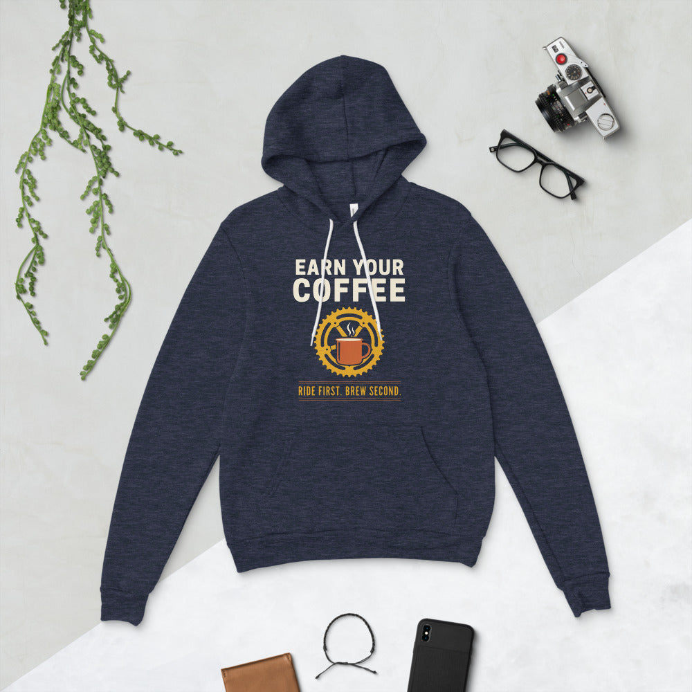 Earn Your Coffee retro cycling coffee hoodie — Heather Navy, front-right