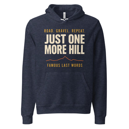 Just One More Hill retro cycling climb hoodie — Heather Navy, front