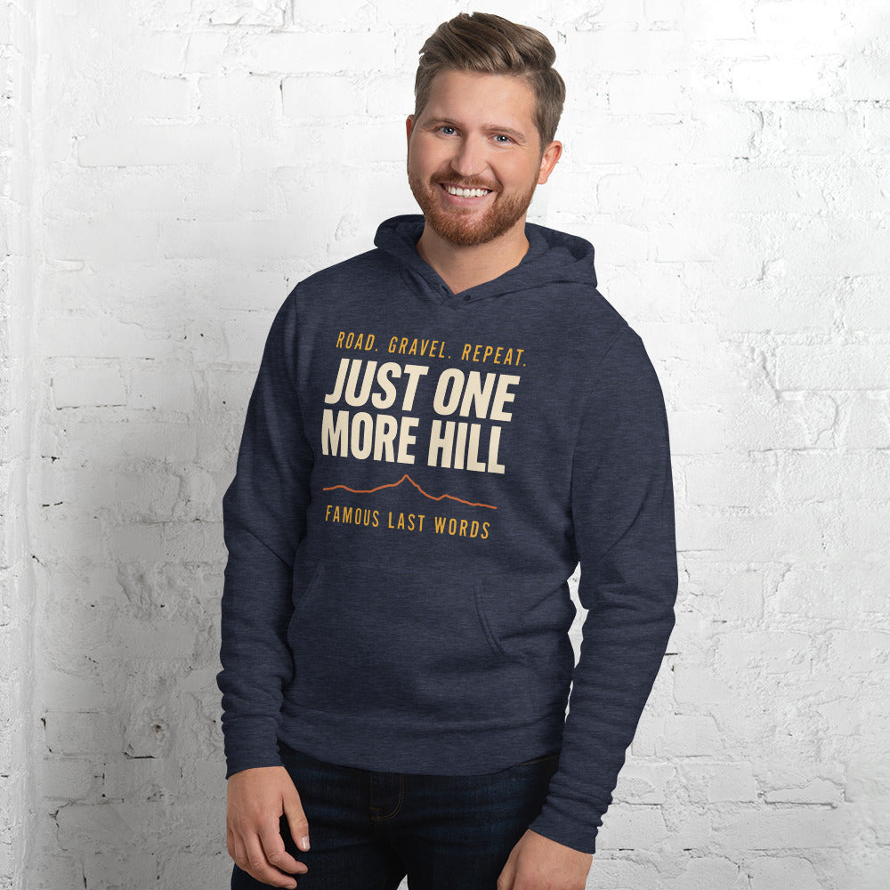 Just One More Hill retro cycling climb hoodie — Heather Navy, on model