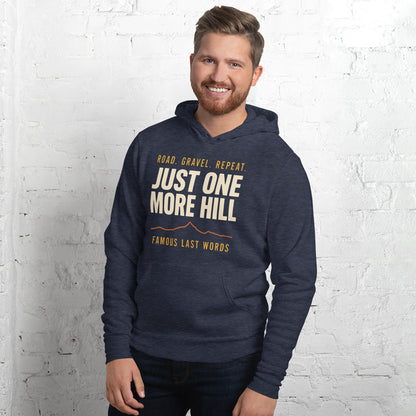 Just One More Hill retro cycling climb hoodie — Heather Navy, on model