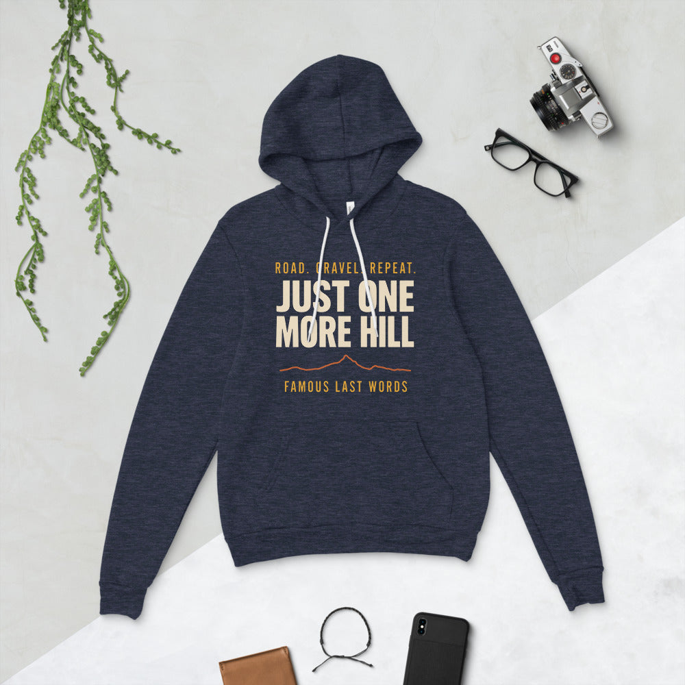 Just One More Hill retro cycling climb hoodie — Heather Navy, front-right