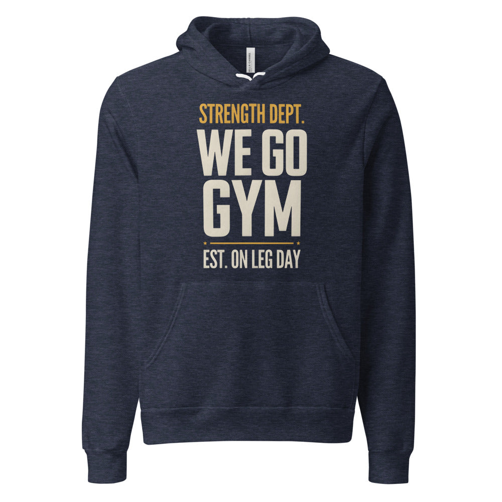 We Go Gym vintage athletic hoodie — Heather Navy, front