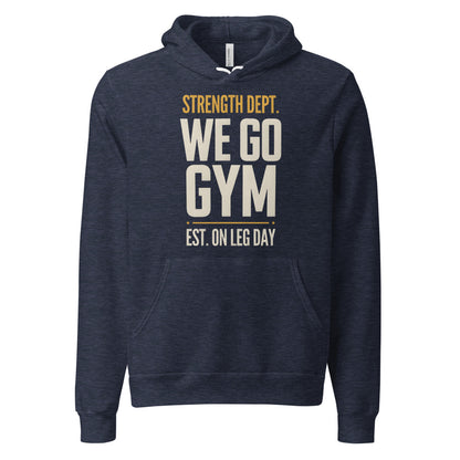 We Go Gym vintage athletic hoodie — Heather Navy, front
