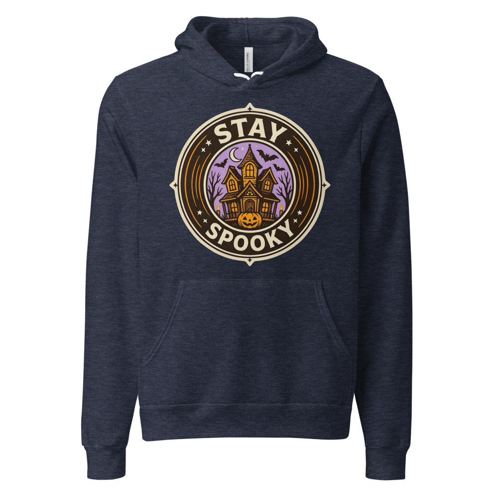 Stay Spooky retro Halloween vintage badge hoodie — Heather Navy, front