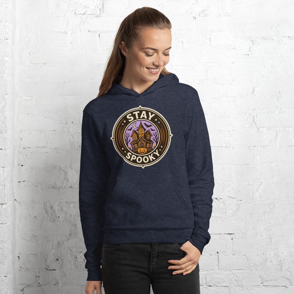 Stay Spooky retro Halloween vintage badge hoodie — Heather Navy, on model