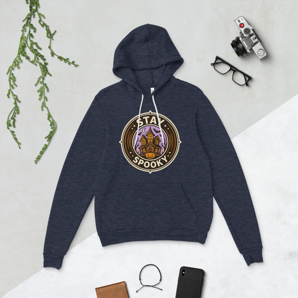 Stay Spooky retro Halloween vintage badge hoodie — Heather Navy, flat lay
