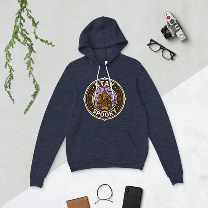 Stay Spooky retro Halloween vintage badge hoodie — Heather Navy, flat lay