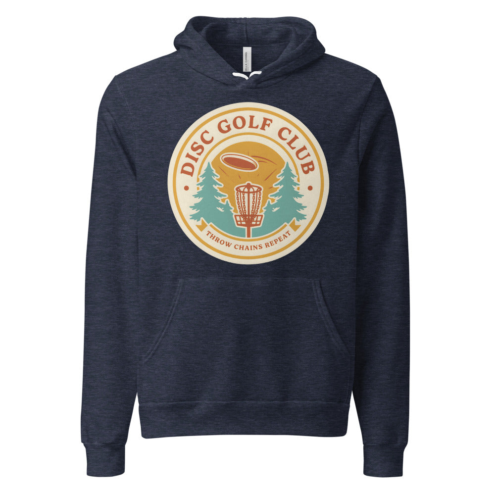 Disc Golf Club retro badge hoodie — Heather Navy, front