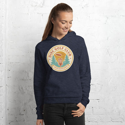 Disc Golf Club retro badge hoodie — Heather Navy, on model