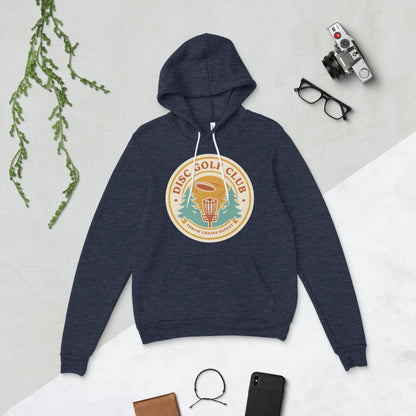 Disc Golf Club retro badge hoodie — Heather Navy, flat lay