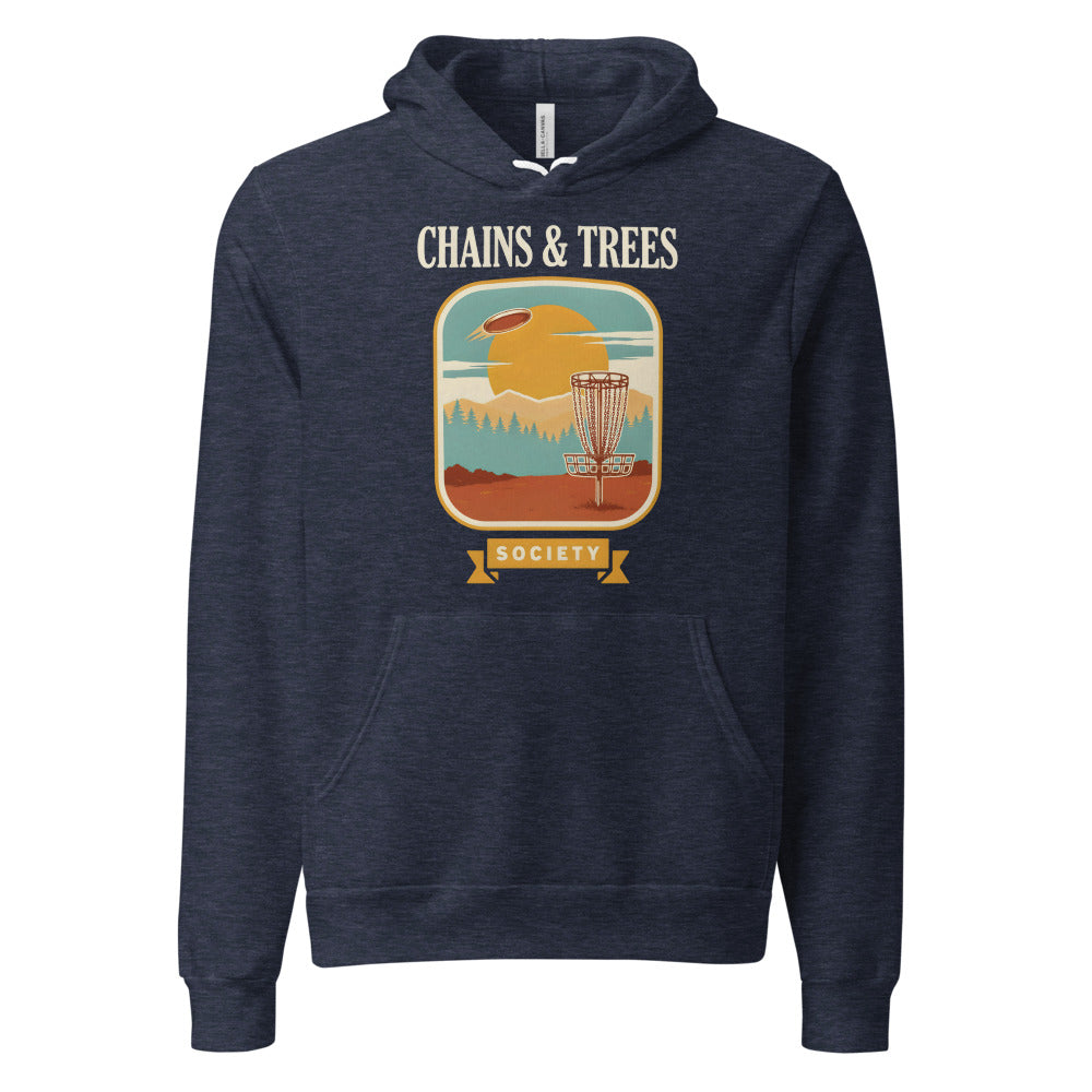 Chains & Trees Society disc golf retro landscape hoodie — Heather Navy, front