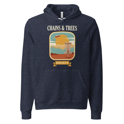 Chains & Trees Society disc golf retro landscape hoodie — Heather Navy, front