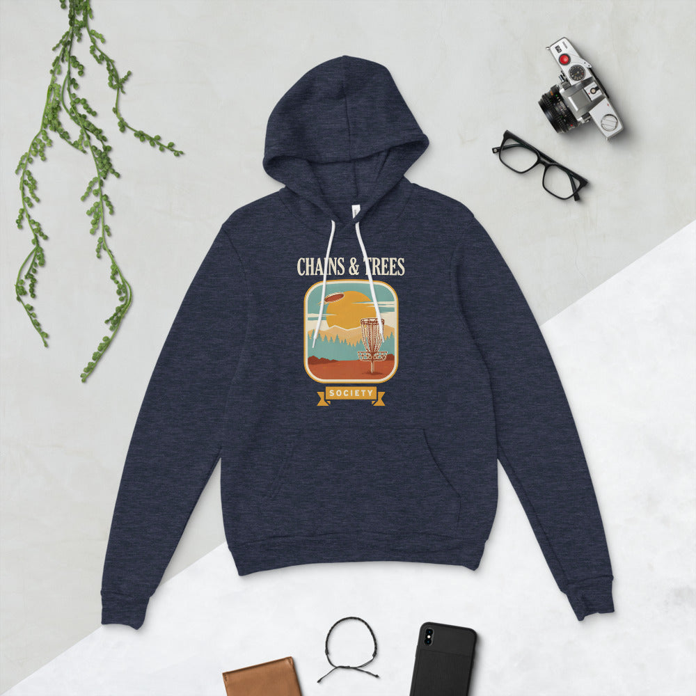 Chains & Trees Society disc golf retro landscape hoodie — Heather Navy, flat lay