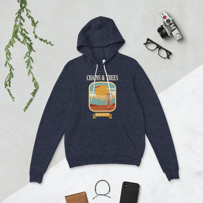 Chains & Trees Society disc golf retro landscape hoodie — Heather Navy, flat lay