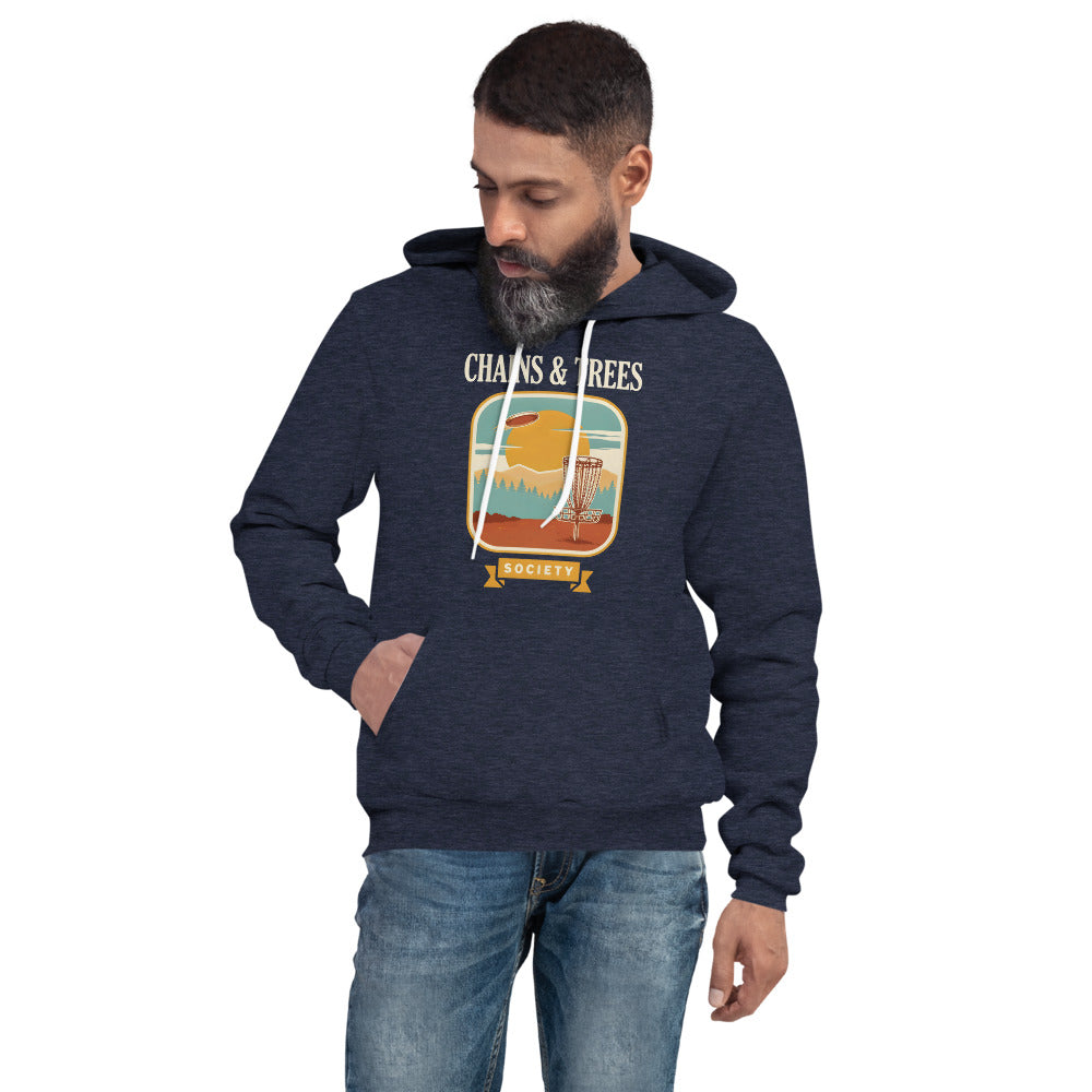 Chains & Trees Society disc golf retro landscape hoodie — Heather Navy, on model