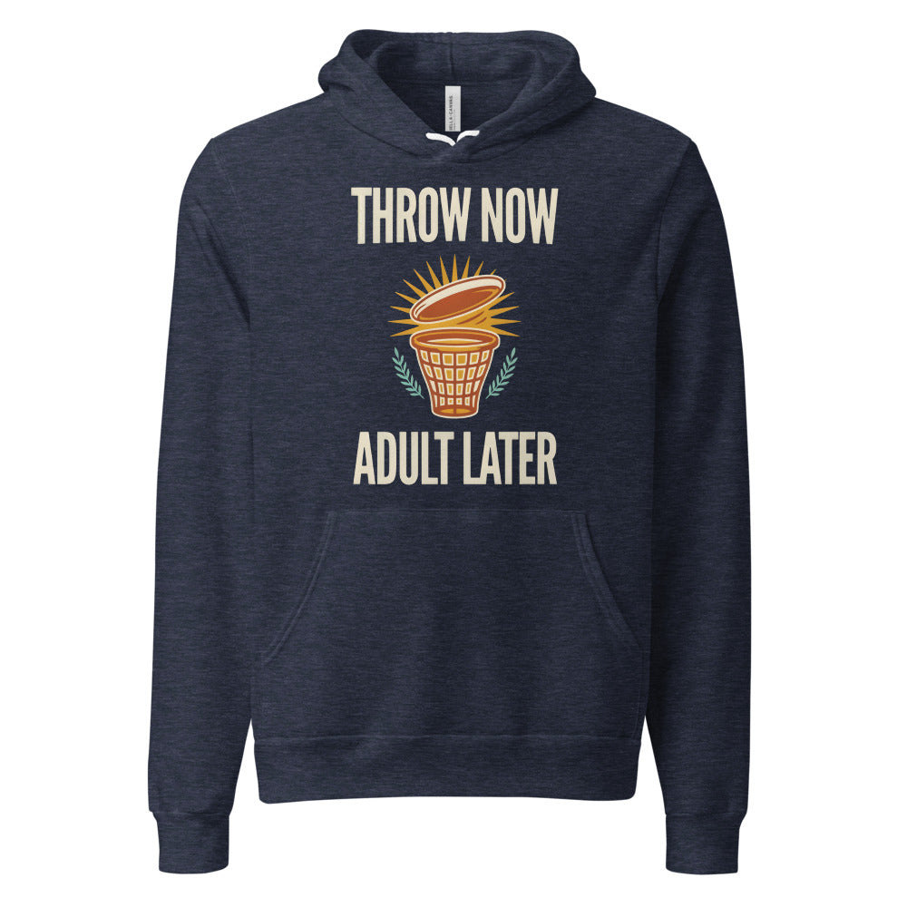 Throw Now Adult Later disc golf retro hoodie — Heather Navy, front