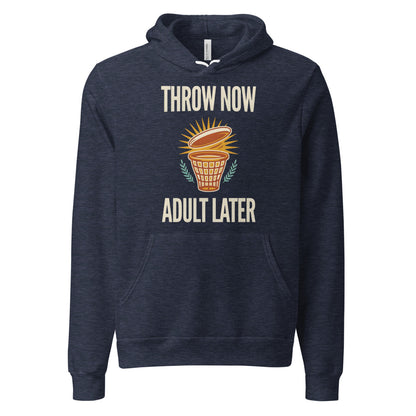 Throw Now Adult Later disc golf retro hoodie — Heather Navy, front