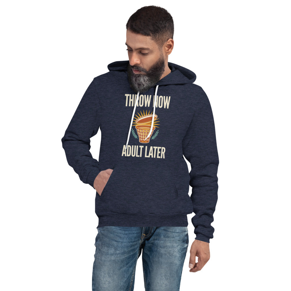 Throw Now Adult Later disc golf retro hoodie — Heather Navy, on model