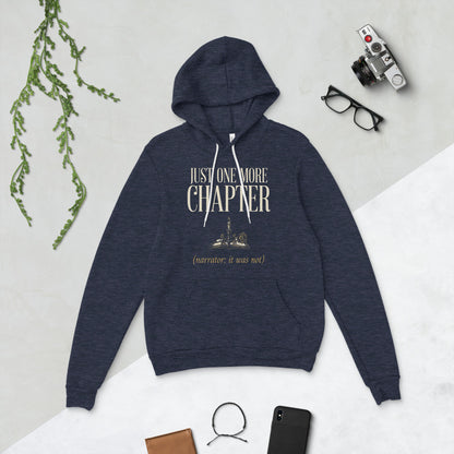 Just One More Chapter book lover dark academia hoodie — Heather Navy, flat lay