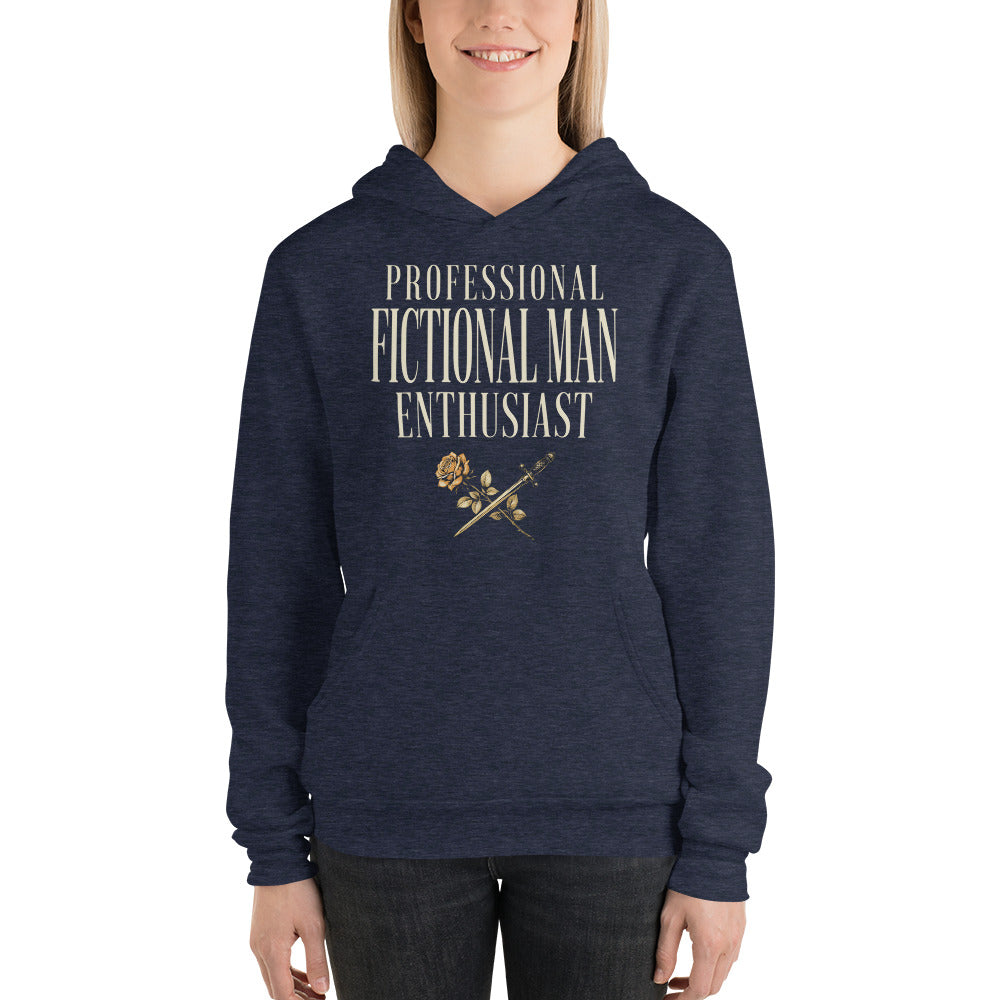 Professional Fictional Man Enthusiast book lover dark academia hoodie — Heather Navy, on model