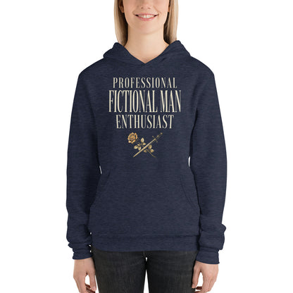 Professional Fictional Man Enthusiast book lover dark academia hoodie — Heather Navy, on model