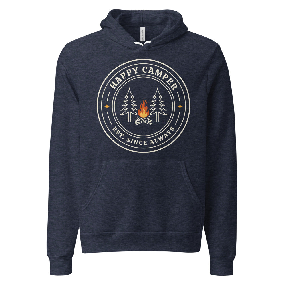 Happy Camper retro camp badge hoodie — Heather Navy, front