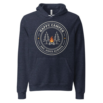 Happy Camper retro camp badge hoodie — Heather Navy, front