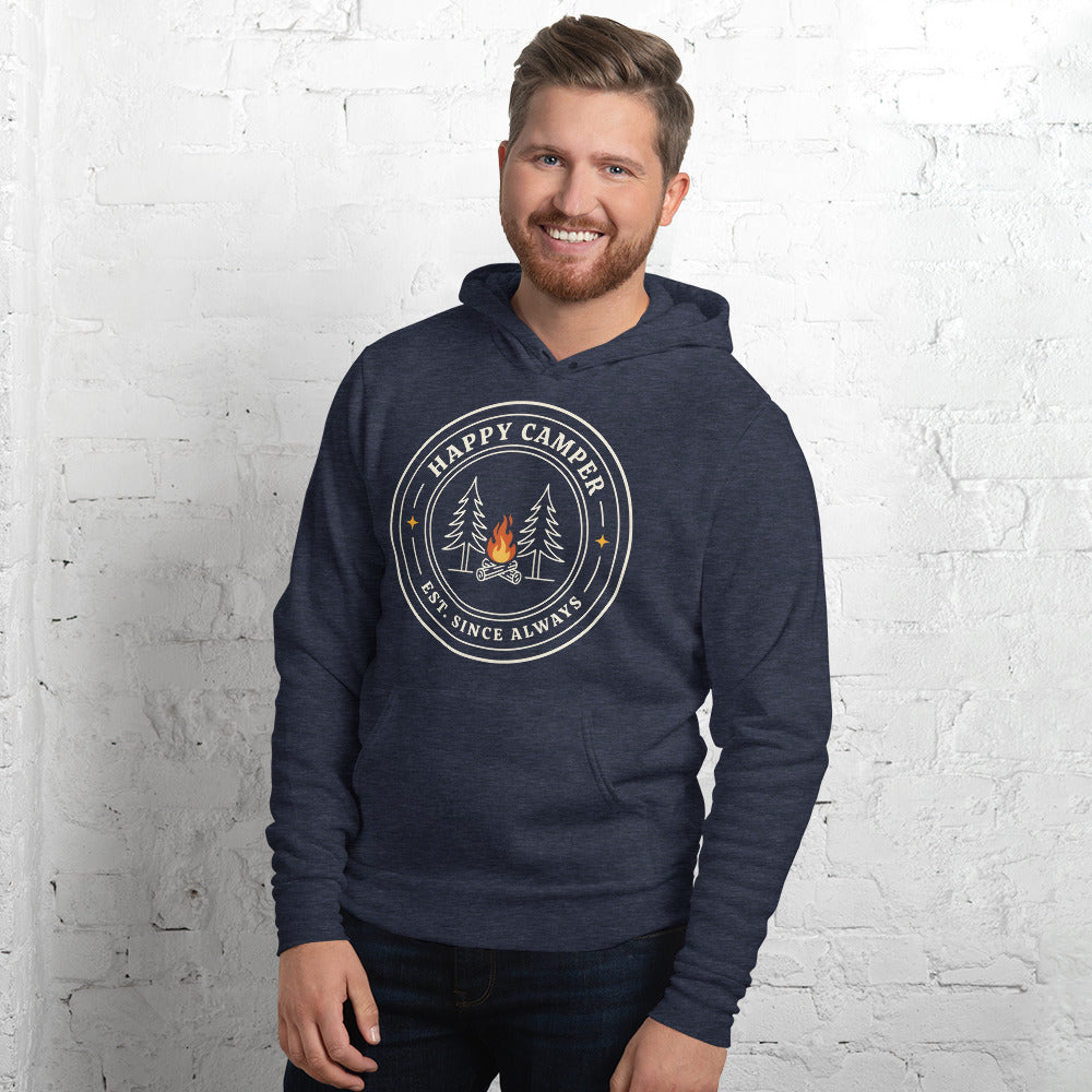 Happy Camper retro camp badge hoodie — Heather Navy, on model
