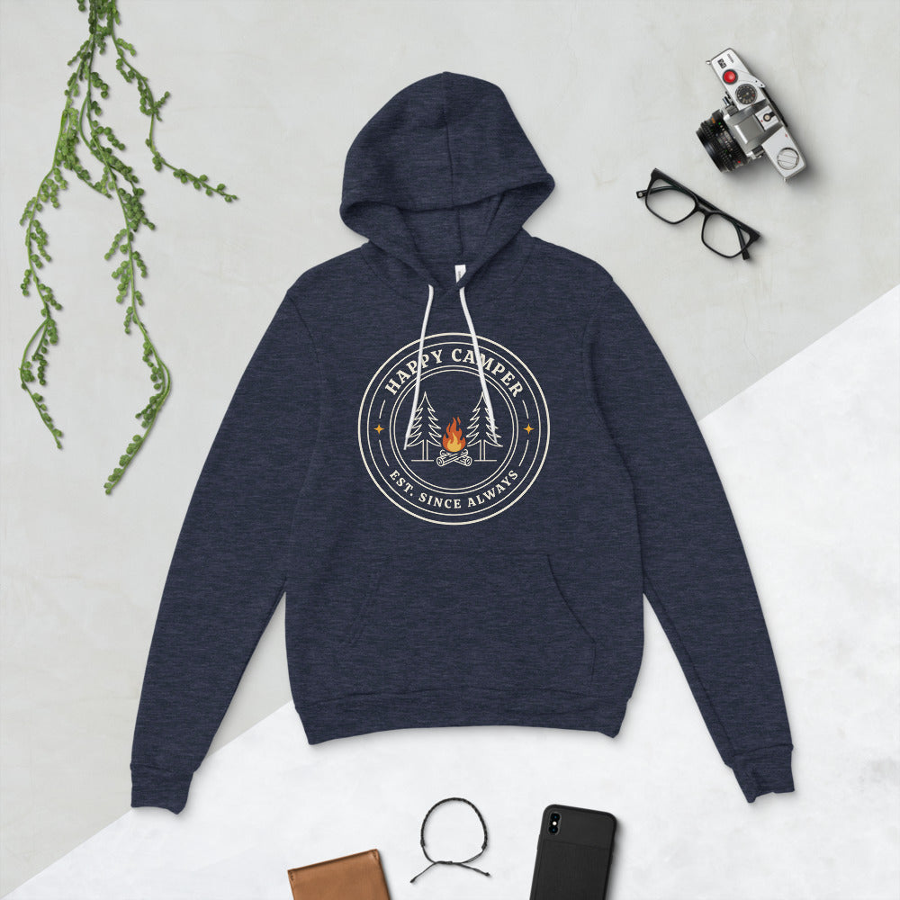 Happy Camper retro camp badge hoodie — Heather Navy, flat lay