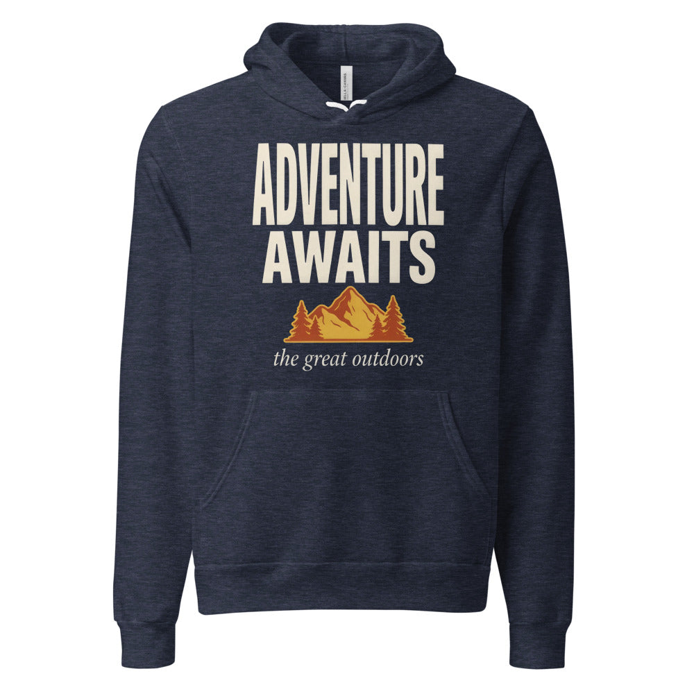 Adventure Awaits retro outdoors typography hoodie — Heather Navy, front