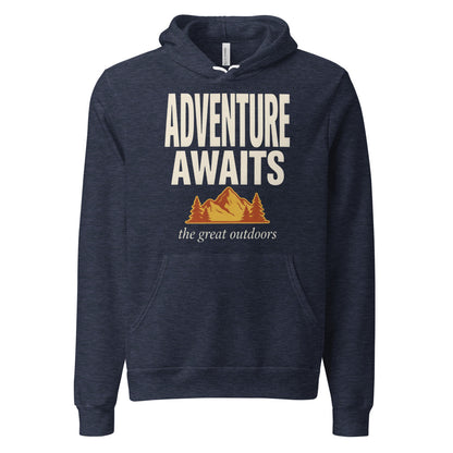 Adventure Awaits retro outdoors typography hoodie — Heather Navy, front