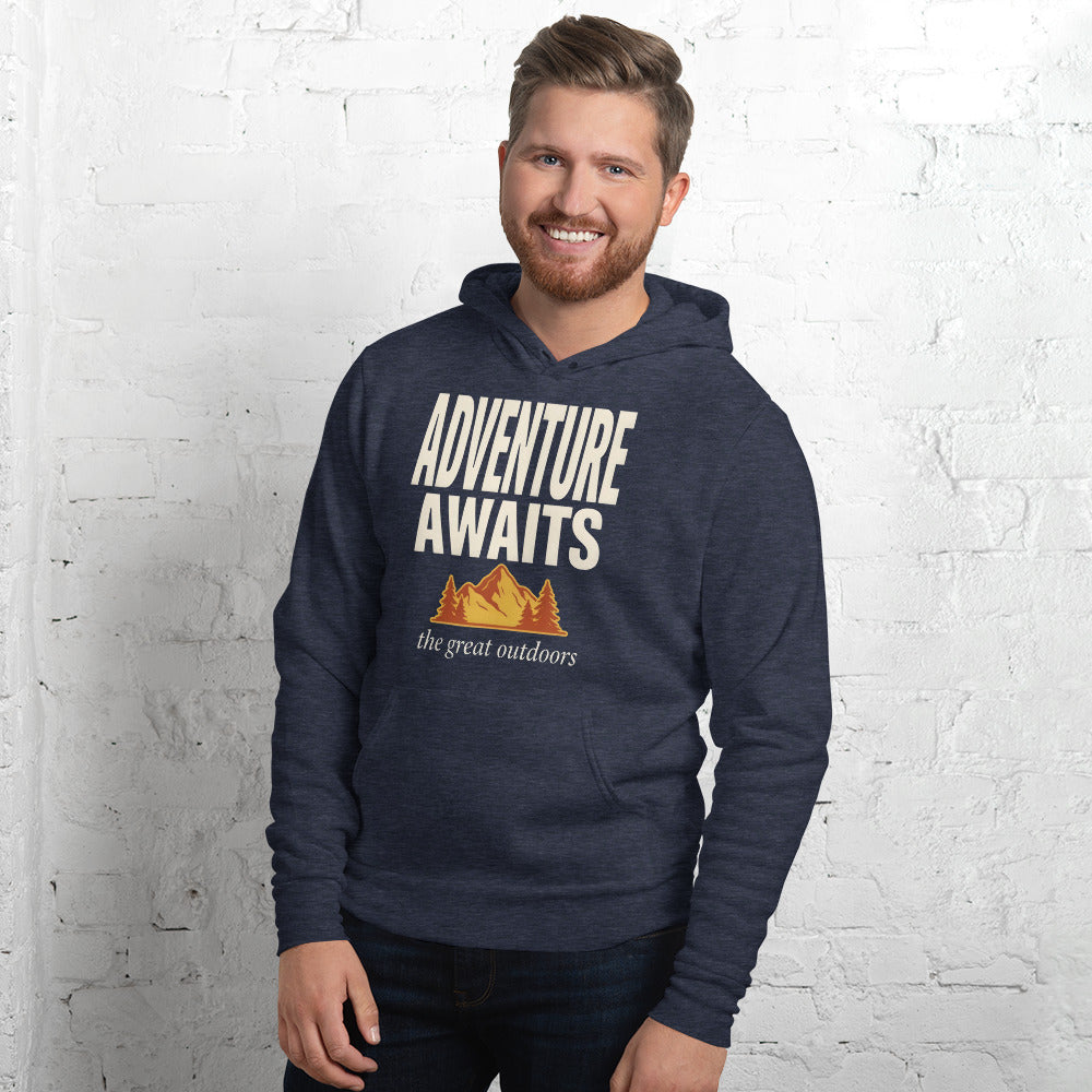 Adventure Awaits retro outdoors typography hoodie — Heather Navy, on model