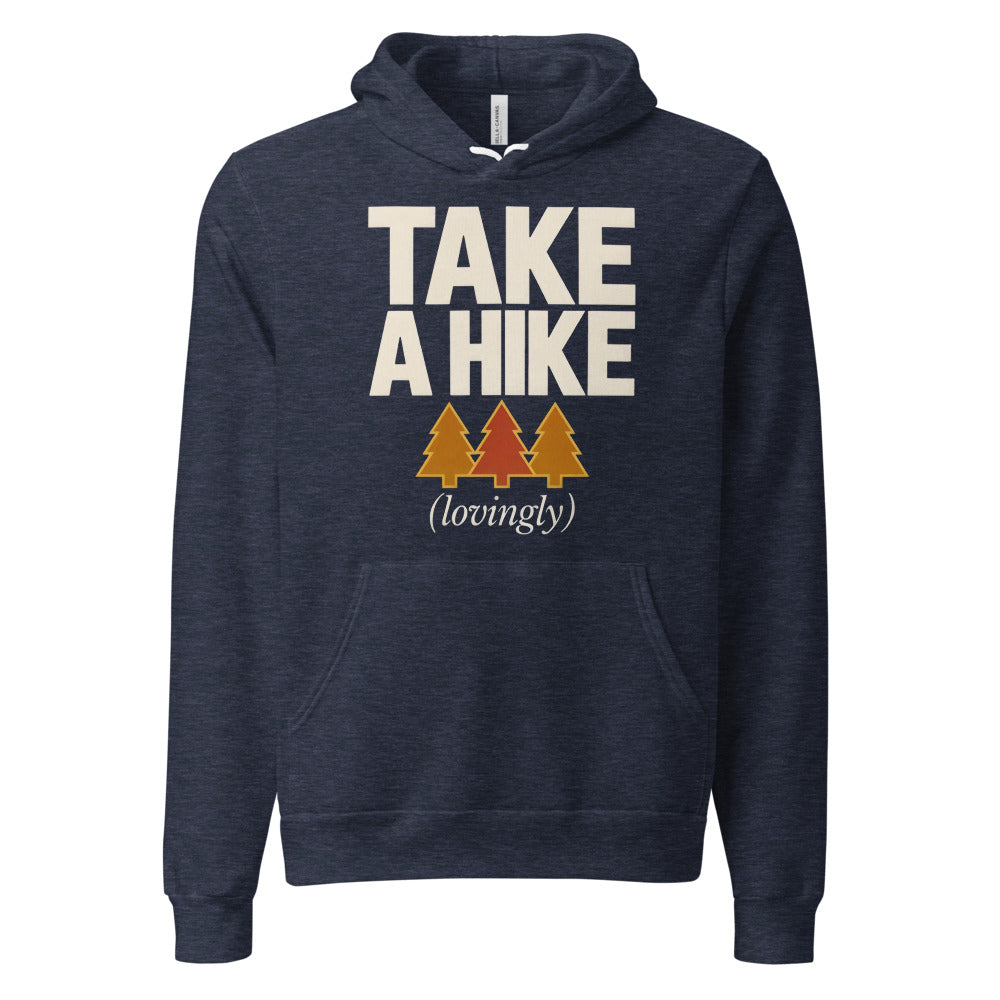 Take a Hike retro outdoors humor typography hoodie — Heather Navy, front
