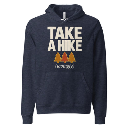Take a Hike retro outdoors humor typography hoodie — Heather Navy, front