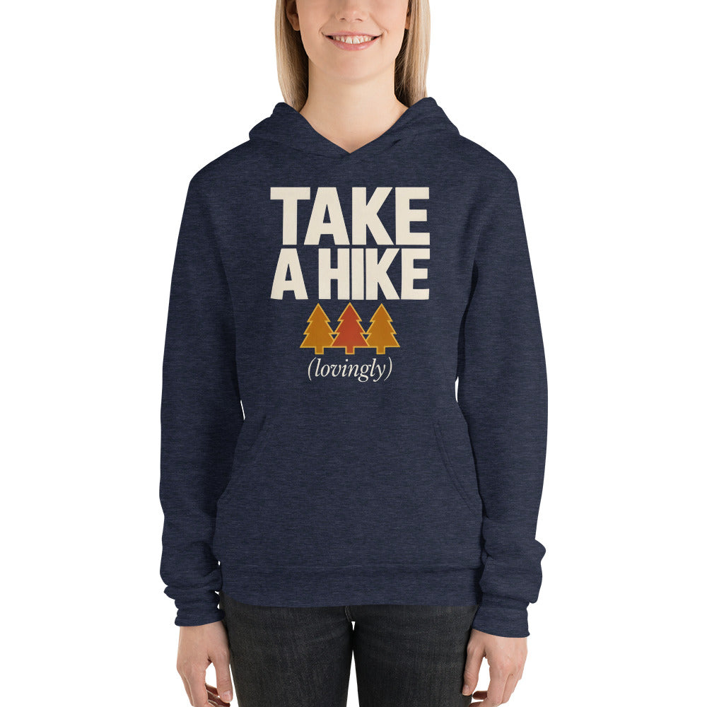 Take a Hike retro outdoors humor typography hoodie — Heather Navy, on model