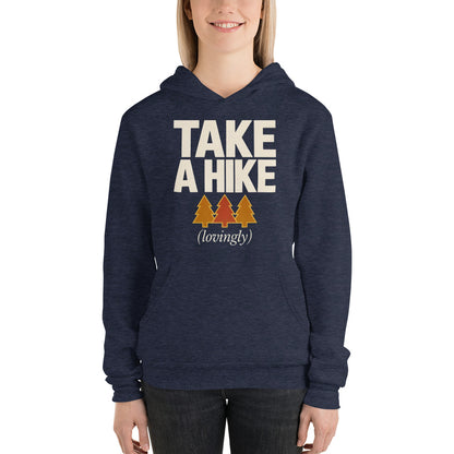 Take a Hike retro outdoors humor typography hoodie — Heather Navy, on model