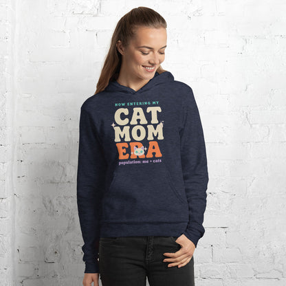 Cat Mom Era retro Y2K hoodie — Heather Navy, on model