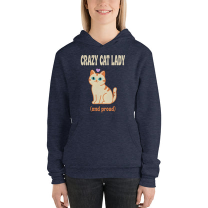 Crazy Cat Lady and Proud retro Y2K hoodie — Heather Navy, on model