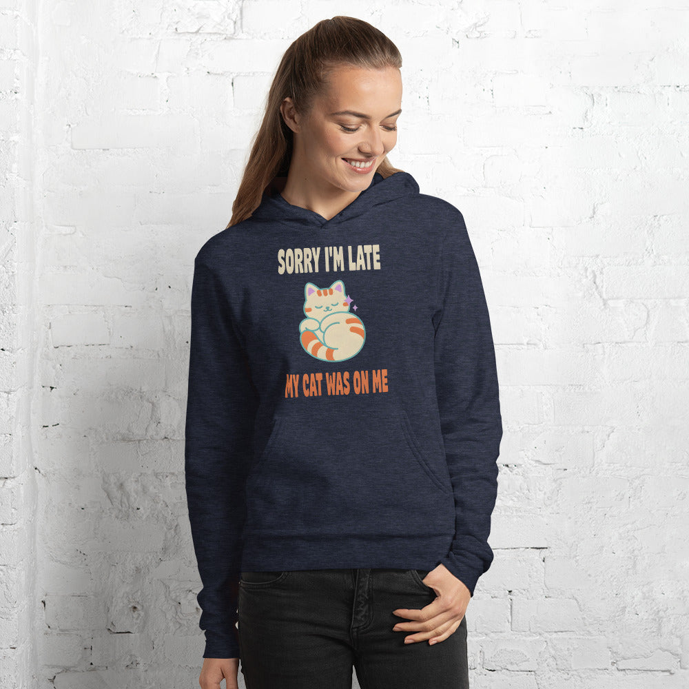 Sorry I'm Late My Cat Was On Me funny cat mom hoodie — Heather Navy, on model