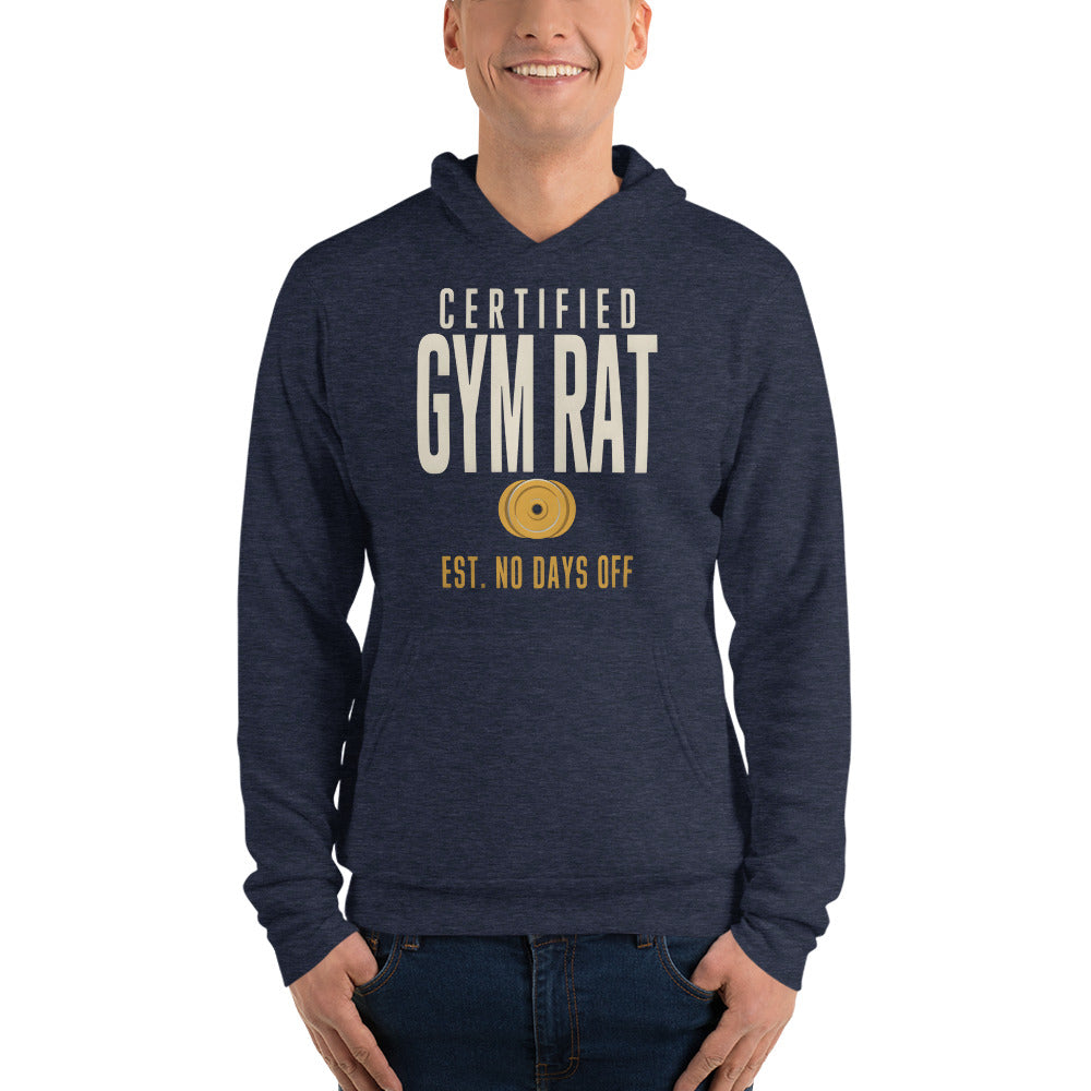 Certified Gym Rat vintage athletic hoodie — Heather Navy, on model