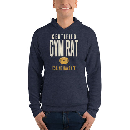 Certified Gym Rat vintage athletic hoodie — Heather Navy, on model