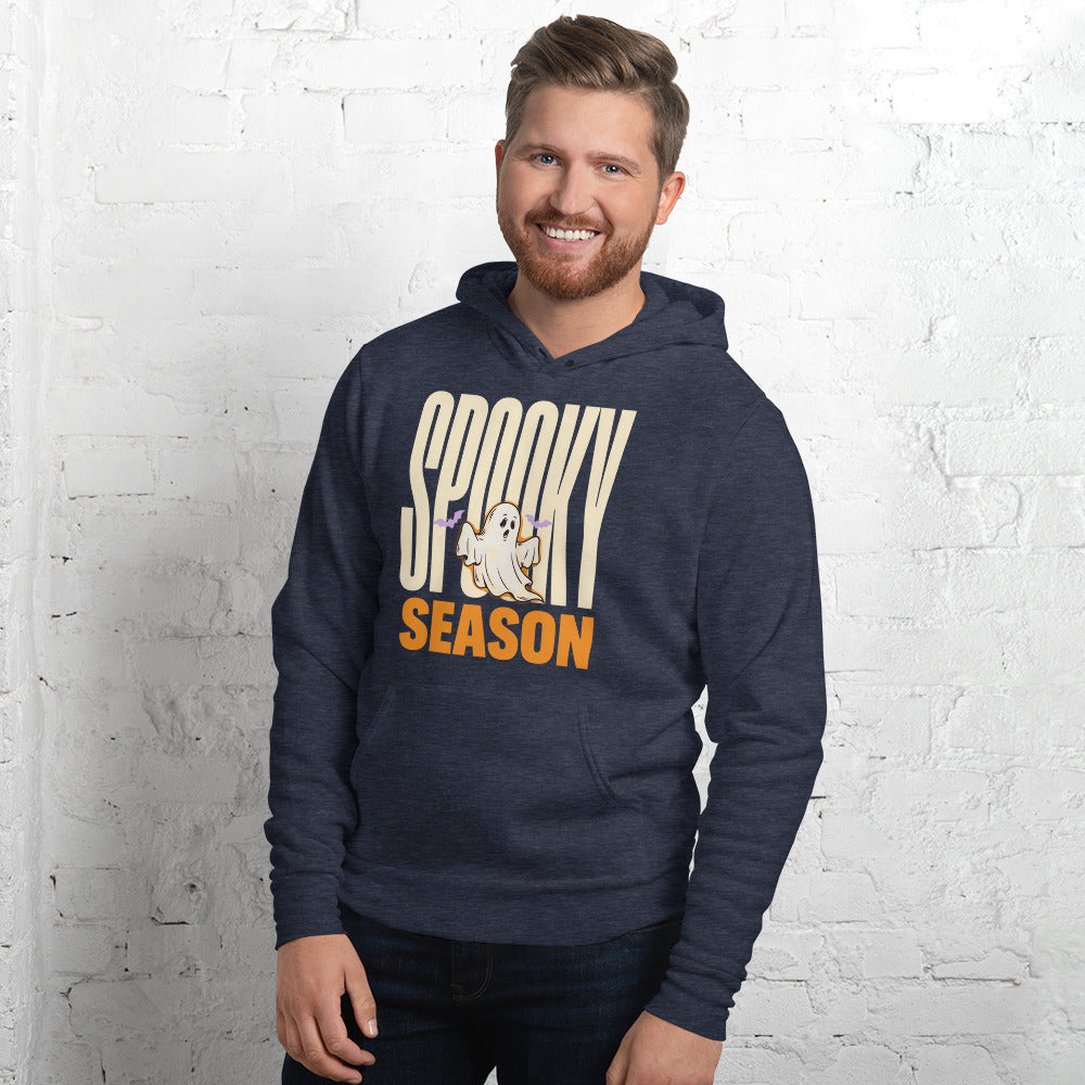 Spooky Season retro Halloween ghost typography hoodie — Heather Navy, on model