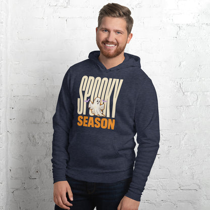 Spooky Season retro Halloween ghost typography hoodie — Heather Navy, on model