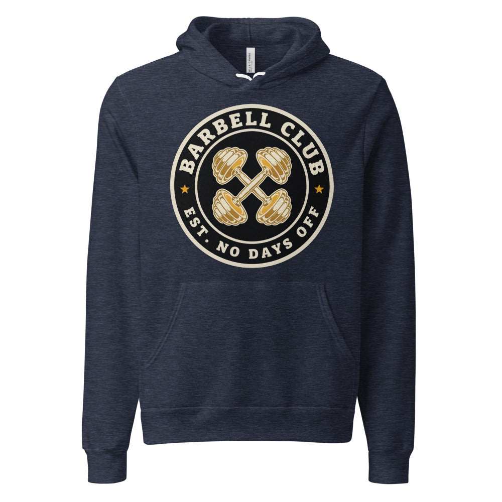 Barbell Club No Days Off vintage gym hoodie — Heather Navy, front