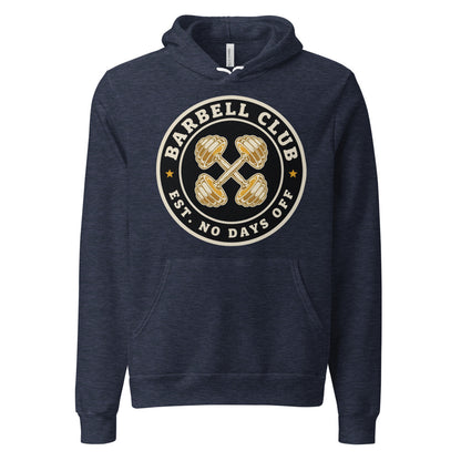 Barbell Club No Days Off vintage gym hoodie — Heather Navy, front